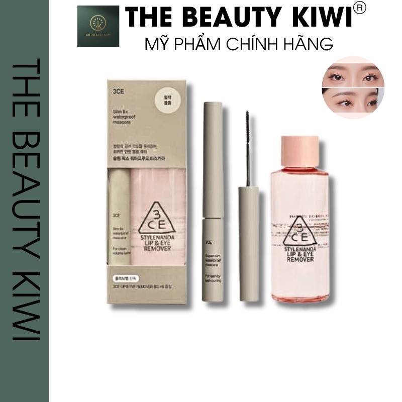Set nước tẩy trang mắt môi 3ce lip & eye remover 60ml + mascara 3ce super slim waterproof