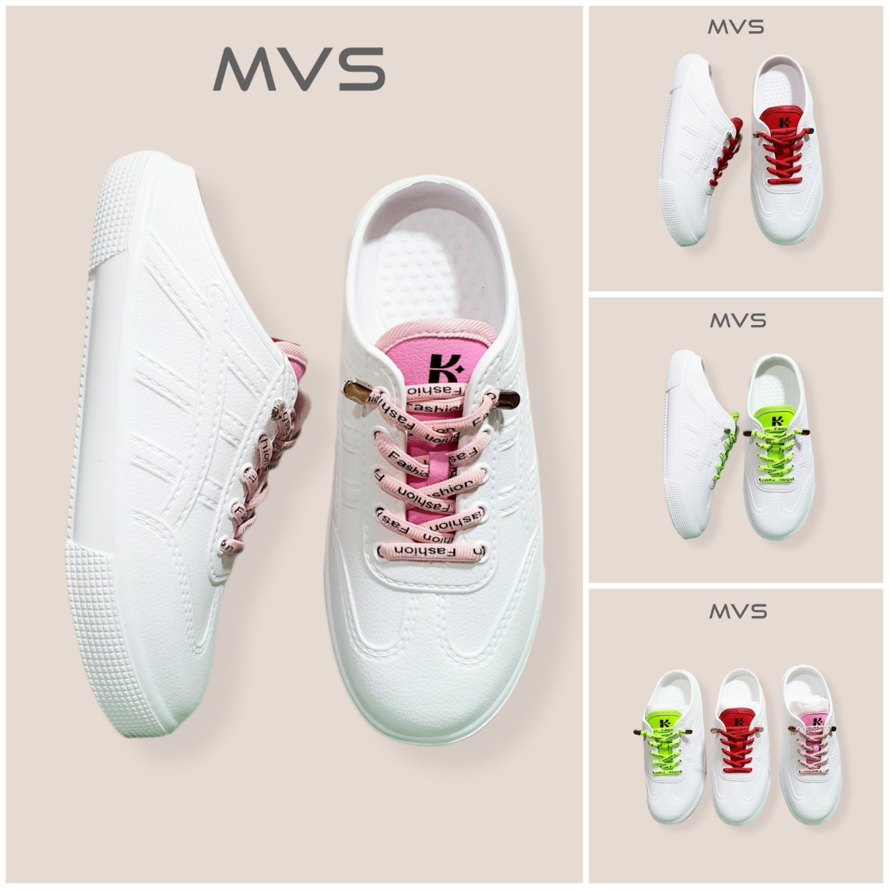 [HCM]Giày Sục Nữ Sneaker Trắng Trơn Phối Dây  (Hồng - Đỏ - Xanh) - Giày Dép MVS