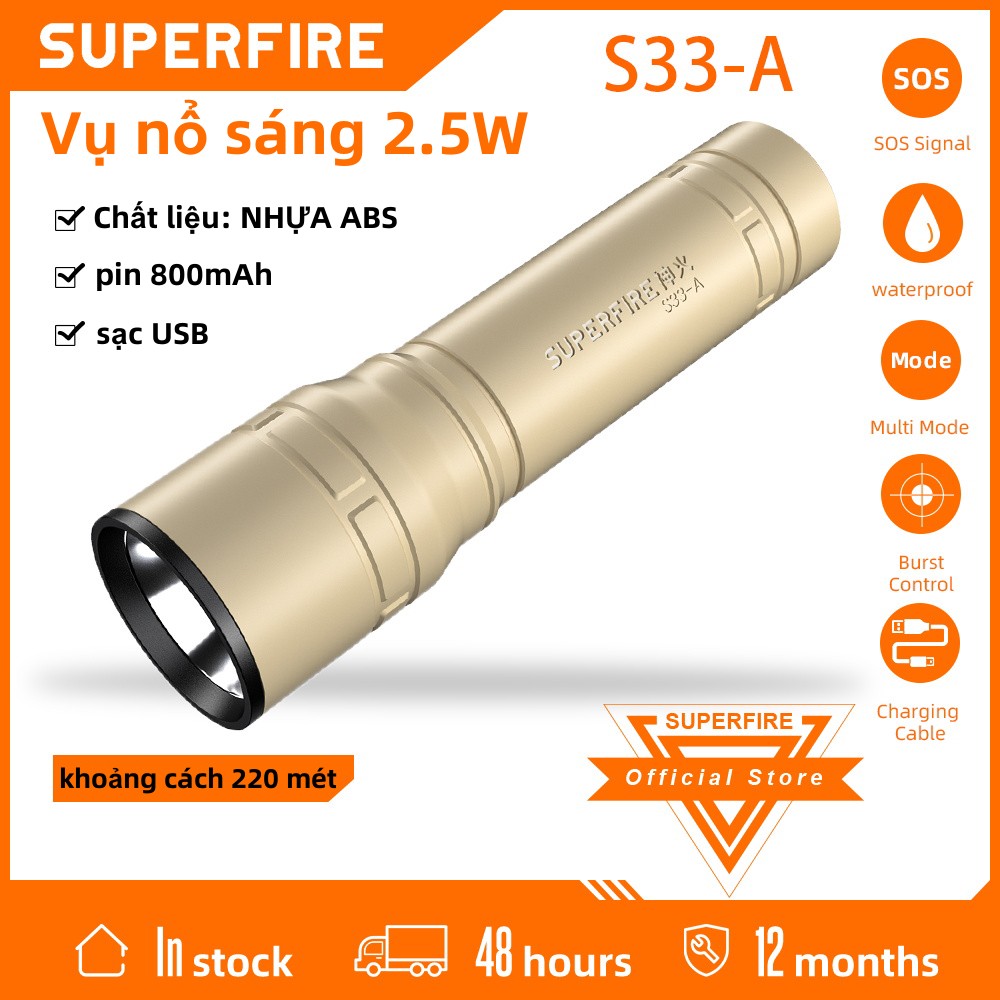 SUPERFIRE den pin sieu sáng đèn pin siêu sáng S33-A LED 2000 Lumens Mạnh Mẽ Pin Tích Hợp 800MAh Chống Nước 85G Đèn Ngoài Trời 4 Chế Độ Sạc USB Đa Năng