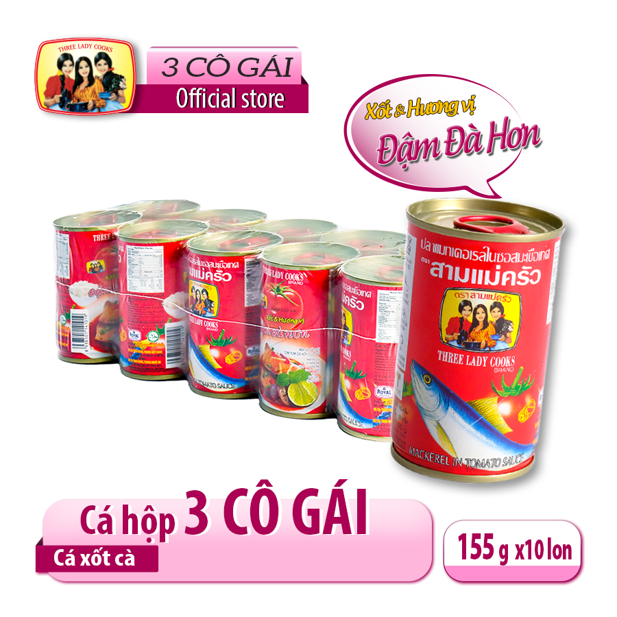 10 lon cá hộp 3 cô gái] cá nục xốt cà lon 155gr - nắp giựt