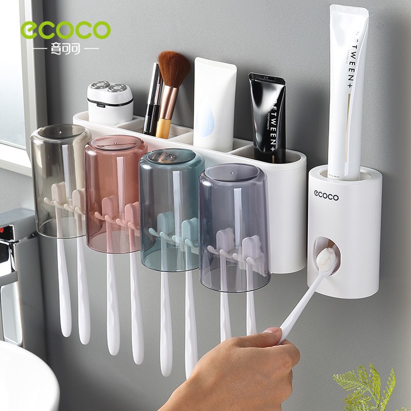 Combo kệ đựng 4 cốc mã e1926 và 1 nhả kem đánh răng ecoco cao cấp