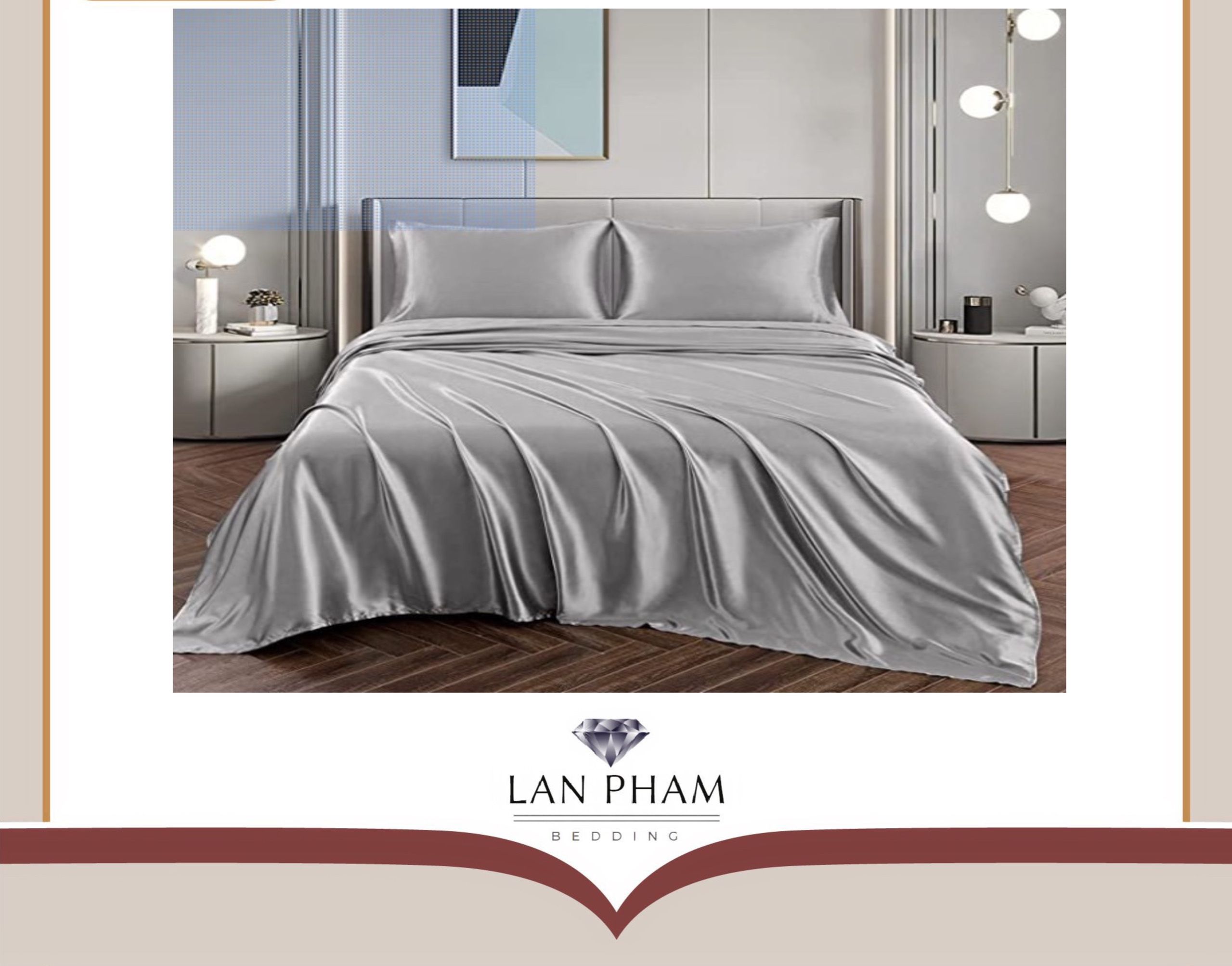 ( Lụa Loại 1) Bộ 5 Món Vỏ Chăn Ga Gối Phi Lụa Màu Xám Ghi Cao Cấp Mềm Mại Lan Pham Bedding