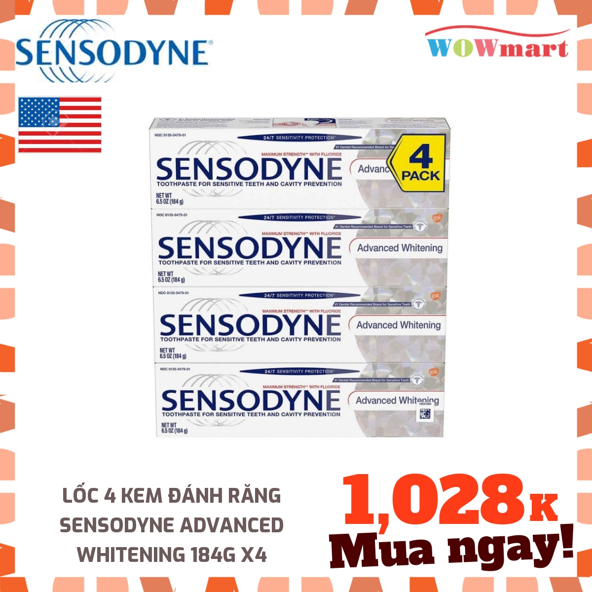 Lốc 4 kem đánh răng Sensodyne Advanced Whitening 184g x4 -