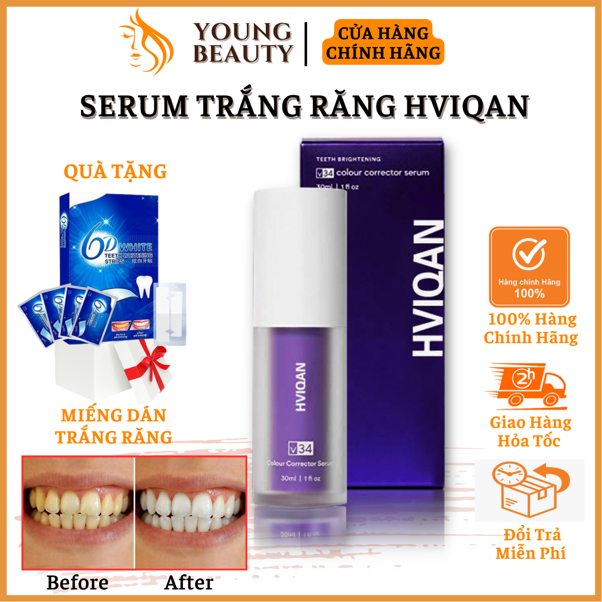 Serum trắng răng HVIQAN - Kem đánh răng trắng răng, loại bỏ ố vàng, bảo vệ men răng, cho hơi thở thơ