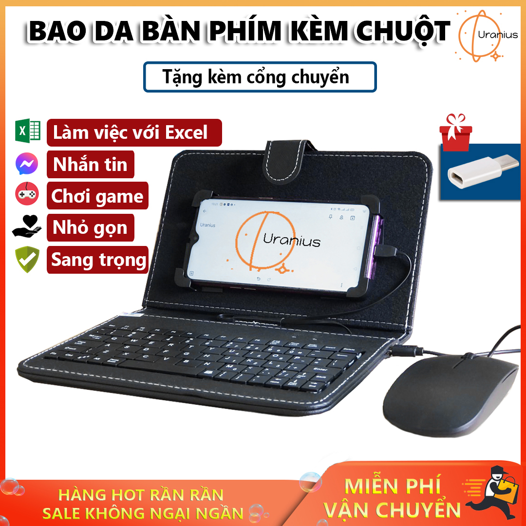 Bàn phím cho điện thoại - Bao da bàn phím - Bao da bàn phím điện thoại kèm thêm chuột nhỏ gọn tiện dụng, hiện đại. GIÁ ƯU ĐÃI HẤP DẪN + TẶNG KÈM CỔNG CHUYỂN