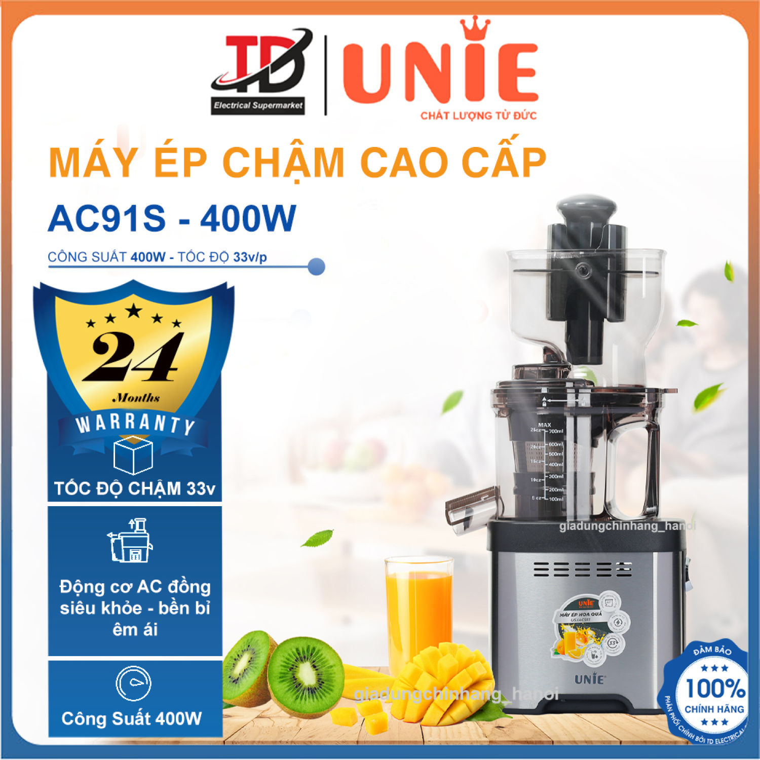 Máy ép chậm unie usjac91s, công suất 400w - ép chậm 33v/p, vận hành êm ái, bh chính hãng 2 năm