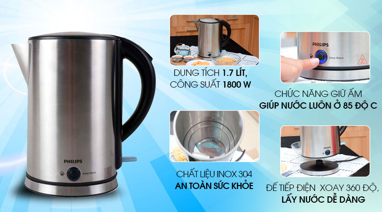 Bình đun siêu tốc giữ nhiệt Philips 1.7 lít HD9316 hàng trưng bầy  chính hãng 100%