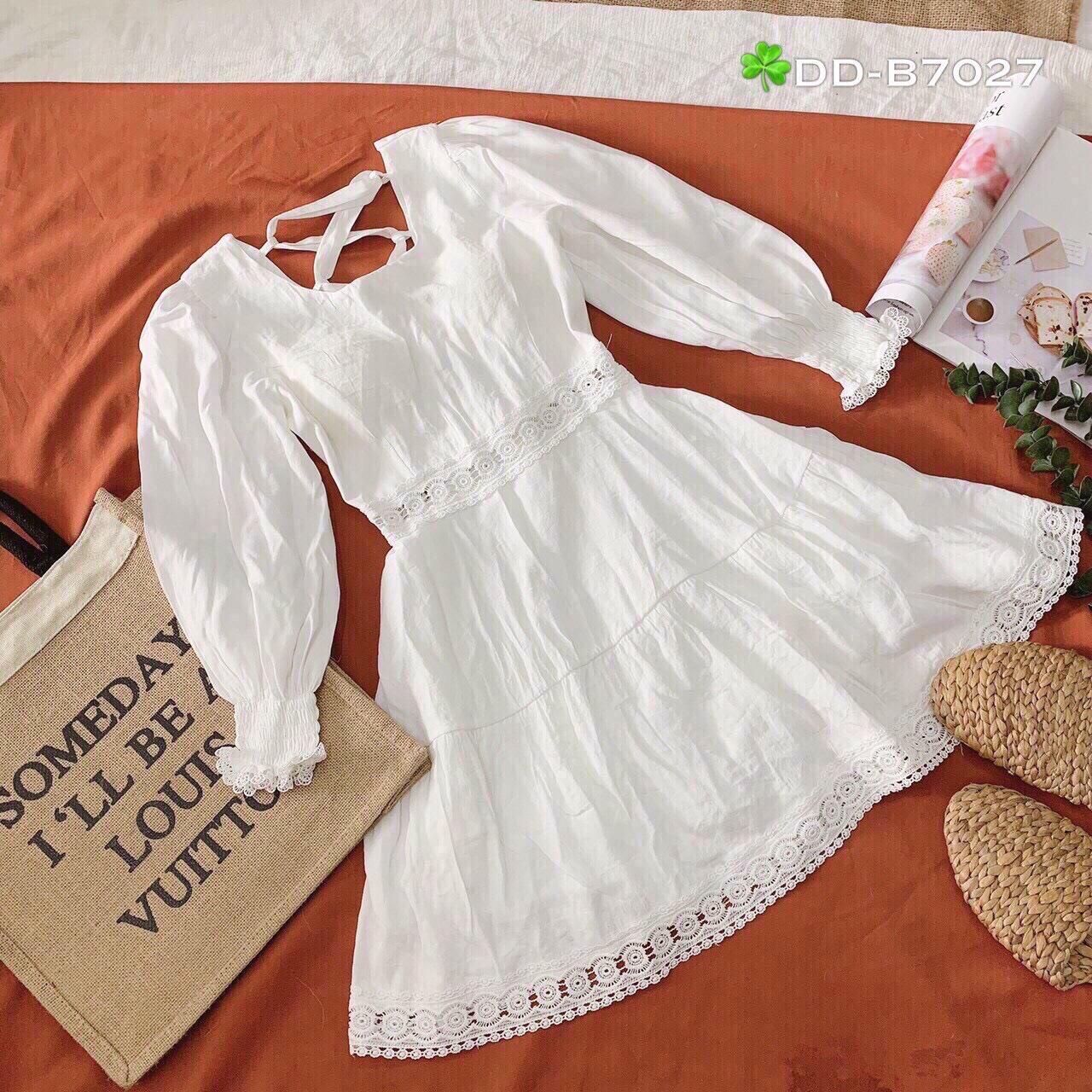 [freeship]Đầm nữ trắng chất liệu kate viền ren dài tay phối dây lưng dể thương thích hợp mặc đi tiệc đi chơi đi ăn hoặc ở nhà