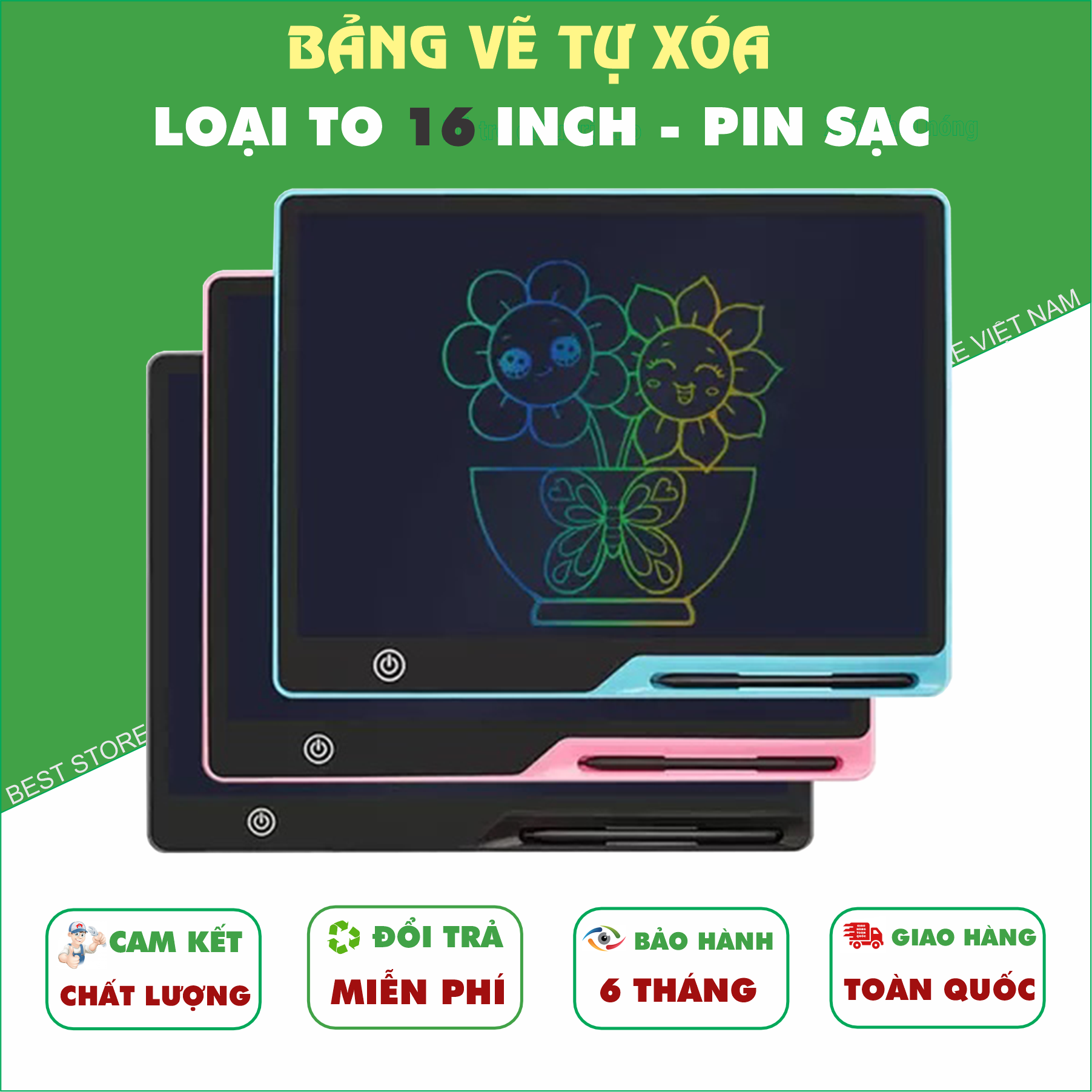 Bảng viết tự xóa 16 inch đa sắc pin sạc bảng vẽ tự xóa thông minh bảng lcd tự xóa 16 inch cho bé tập viết tập vẽ