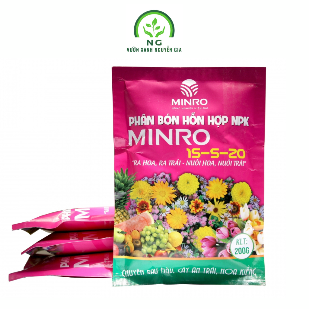 Phân bón hỗn hợp minro npk 15-5-20. ra hoa, dưỡng trái gói 200gr