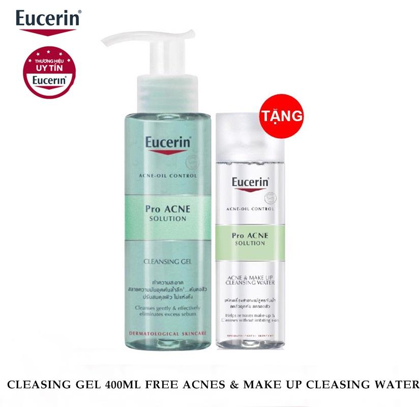 Eucerin- gel rửa mặt dành cho da nhờn mụn eucerin proacne cleasing 400ml + nước tẩy trang eucerin 200ml