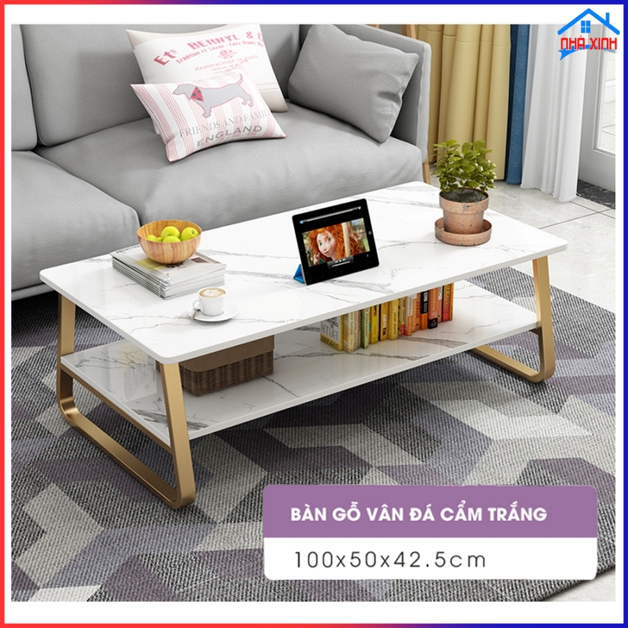 Bàn uống trà phòng khách 2022, Bàn trà sofa gỗ 2 tầng hiện đại, Bàn gỗ vân đá cẩm thạch tiện ích, chân sắt sơn tĩnh điện uốn cong đẹp mắt