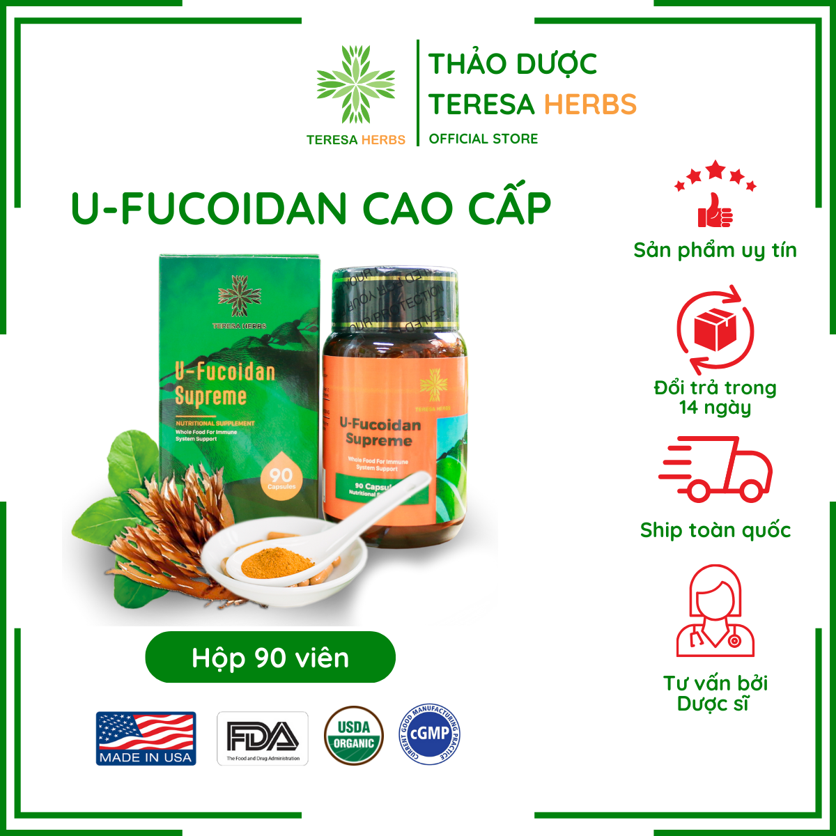 Viên uống u-fucoidan teresa herbs giúp hỗ trợ điều trị ung thư và giảm tác dụng phụ do hóa xạ trị hộp 90 viên