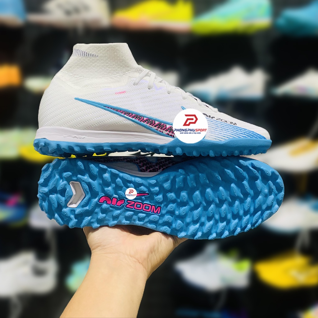 Giày đá bóng mercurial zoom vapor 15 superfly 9 elite cổ cao trắng xanh tf