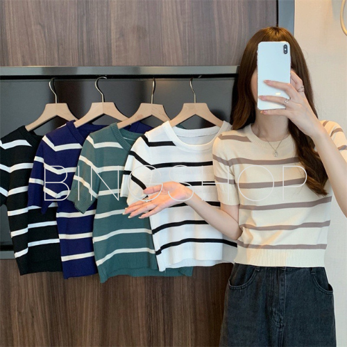 Guuhouse Áo len dệt kim cổ tròn tay ngắn họa tiết kẻ cao cấp