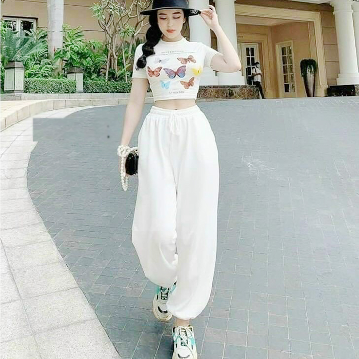 Sét Bộ Nữ Quần Dài Ống Rộng Bo Chân Áo In Hình Con Bướm Tay Ngắn Cổ Tròn Thời Trang Xuân Hè Phù Hợp Đi Chơi Thể Thao Đi Làm S124