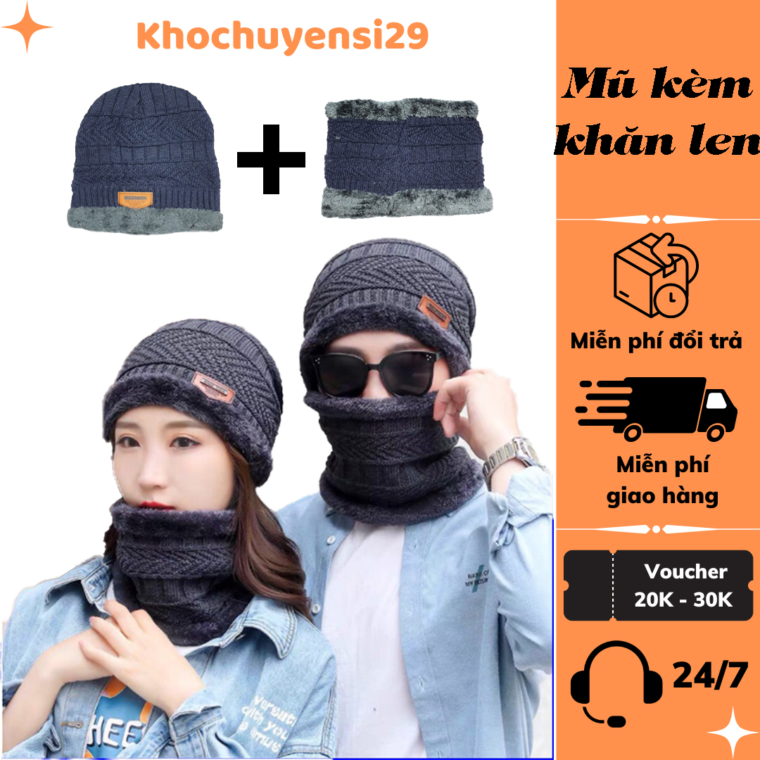 Mũ len kèm khăn lót nỉ siêu ấm kiểu dáng hàn quốc cho nam nữ