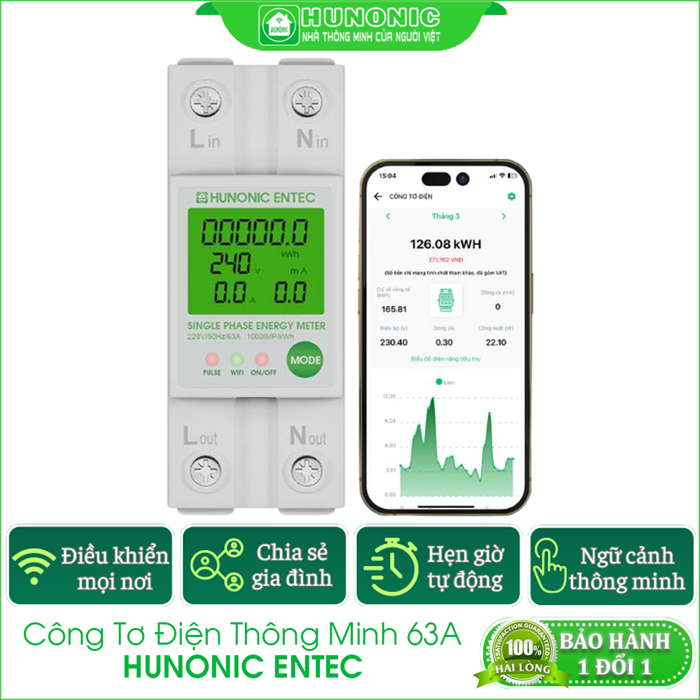 Công Tơ Điện Thông Minh Hunonic ENTEC - Đồng Hồ Đo Điện 63A, Điều Khiển Từ Xa, Chống Rò Rỉ Điện