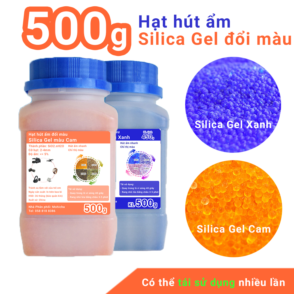 Lọ 500g hạt hút ẩm Silica Gel đổi màu hút ẩm nhanh, có thể tái sử dụng nhiều lần