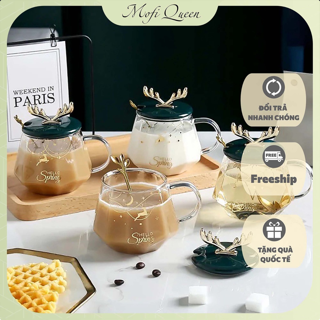 Cốc uống trà, Cốc trà, Quà lưu niệm, cute sừng hươu độc đáo kèm muỗng và nắp đậy 400ml