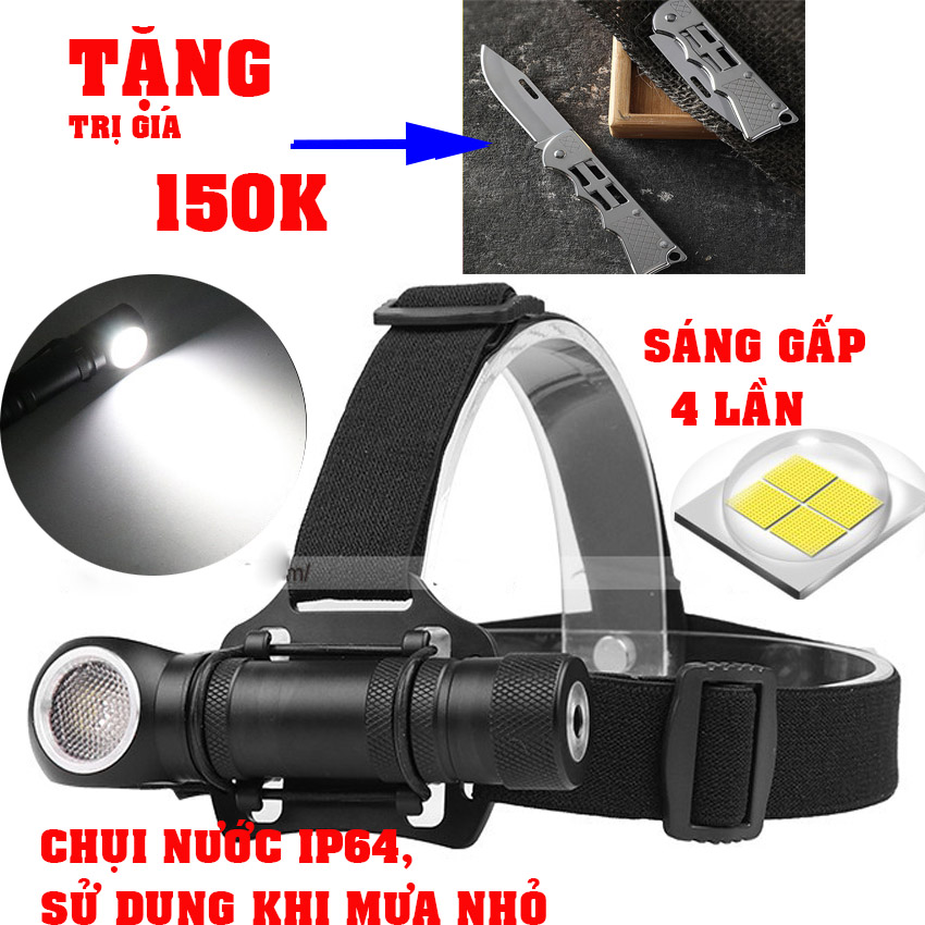 Đèn Pin Siêu sáng Vua xuyên Màn đêm với đèn 4 bóng kép, tặng quà 100k,  đèn làm hợp kim nhôm máy bay, Đèn pin Chống nước ip67, Đèn pin sạc , đèn pin đội đầu siêu sáng(poloma)