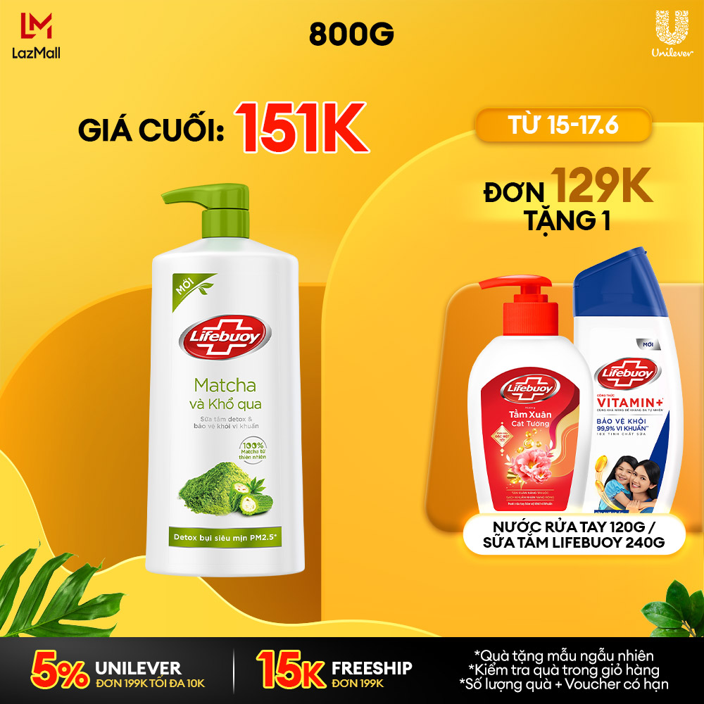 Sữa Tắm Lifebuoy Detox Diệt Khuẩn Trà Xanh & Khổ Qua 800G chiết xuất từ thiên nhiên ngừa mùi cơ thể và sạch sâu khỏi bụi mịn