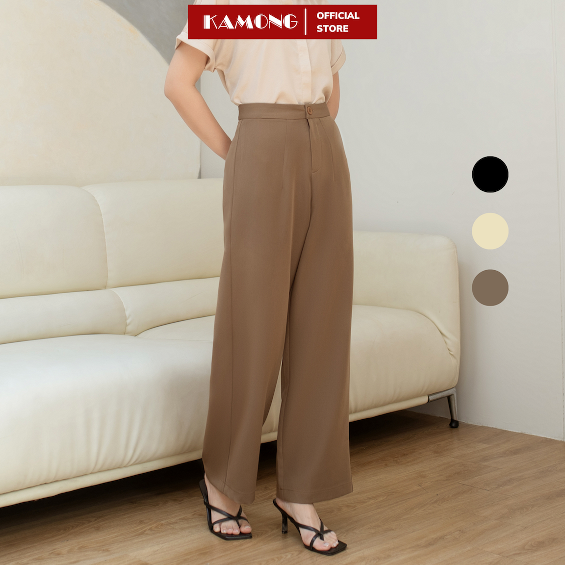 Quần ống rộng 1 nút KAMONG dáng quần tây suông culottes công sở Q015