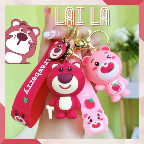 Móc khóa Gấu Lotso, Phụ kiện treo túi xách Gấu Dâu Tây dễ thương, Móc chìa khóa hình Gấu Dâu đáng yêu Lại La
