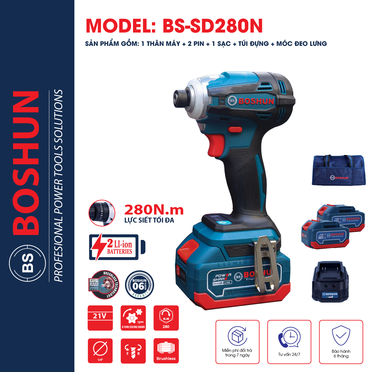 Máy Chuyên Vít Đa Năng 280nm Boshun, Đầu Vít 1/4, Có Đèn Trợ Sáng Động Cơ Không Chổi Than 100% Lõi Đồng BS-SD280N