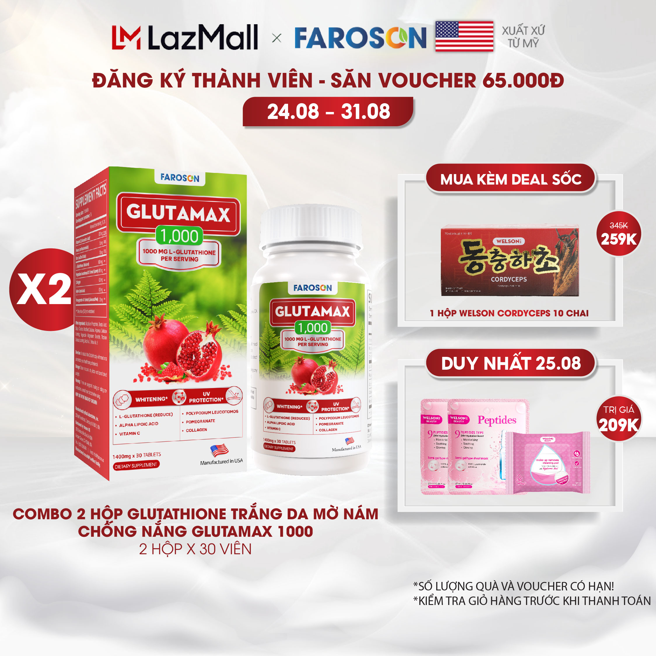 Combo 2 hộp viên uống trắng da Glutathione giảm nám chống nắng Faroson Glutamax 1000 2 x 30 viên