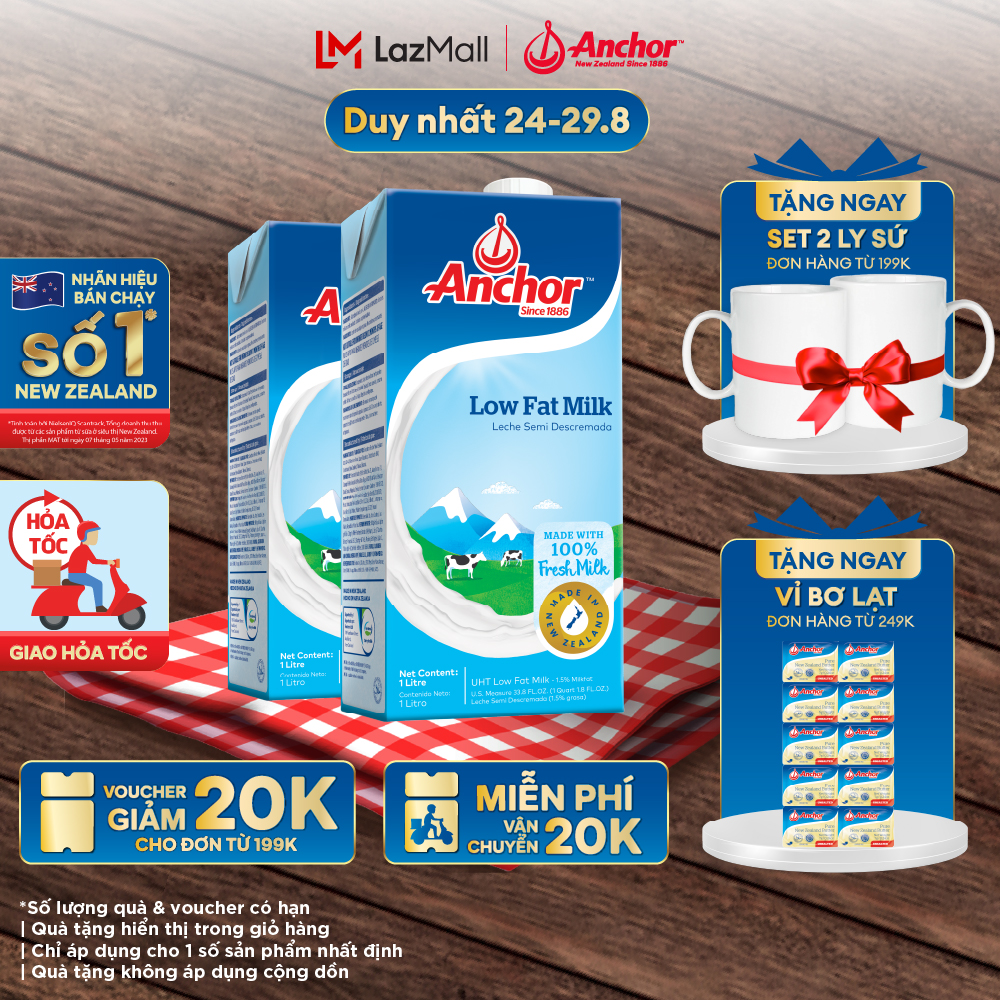 Combo 2 sữa tươi tiệt trùng Anchor ít béo hộp 1 lít