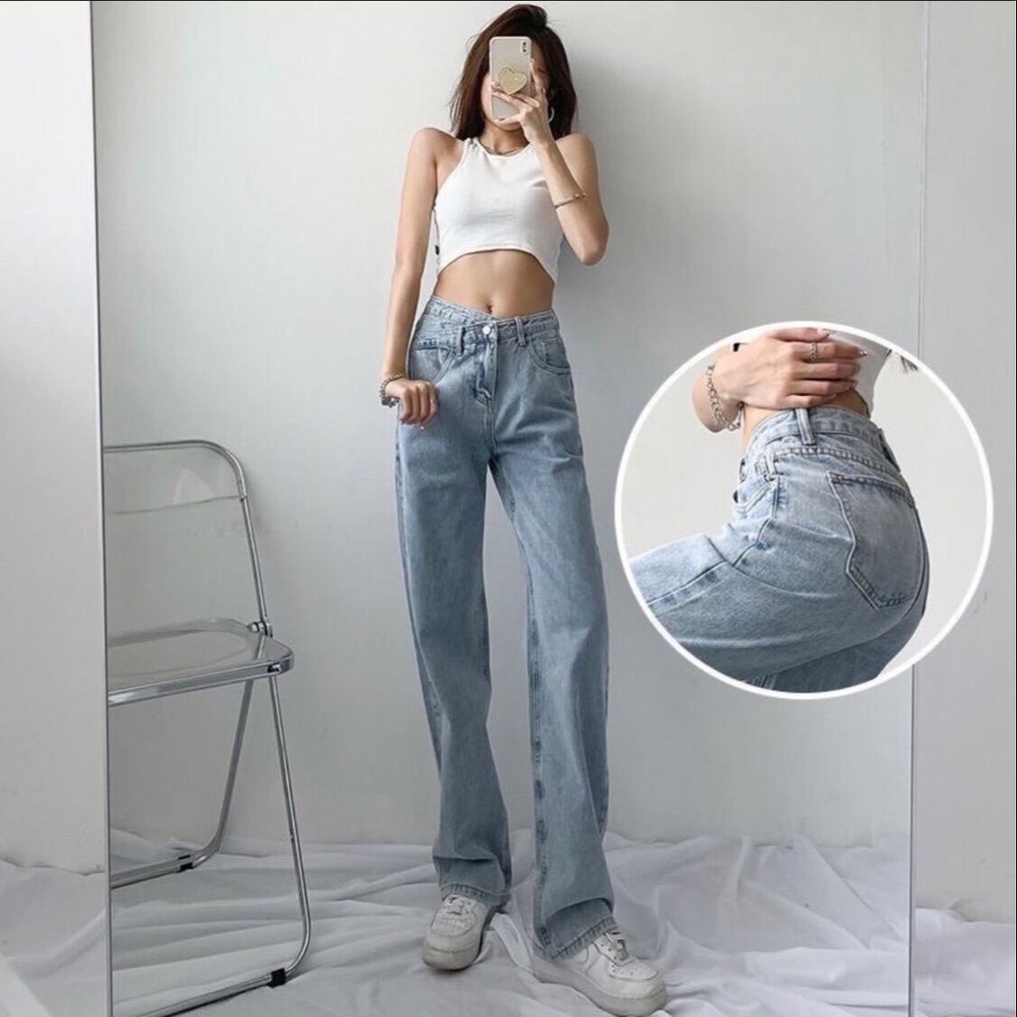 [FREESHIP] Quần Jeans Nữ Lưng Cao Đai Chéo Kiểu Cá Tính, Quần Jeans Ống Rộng, Quần Ống Suông Nữ - Chất Jeans Mềm Không Co Dãn - Xưởng May Tú Linh