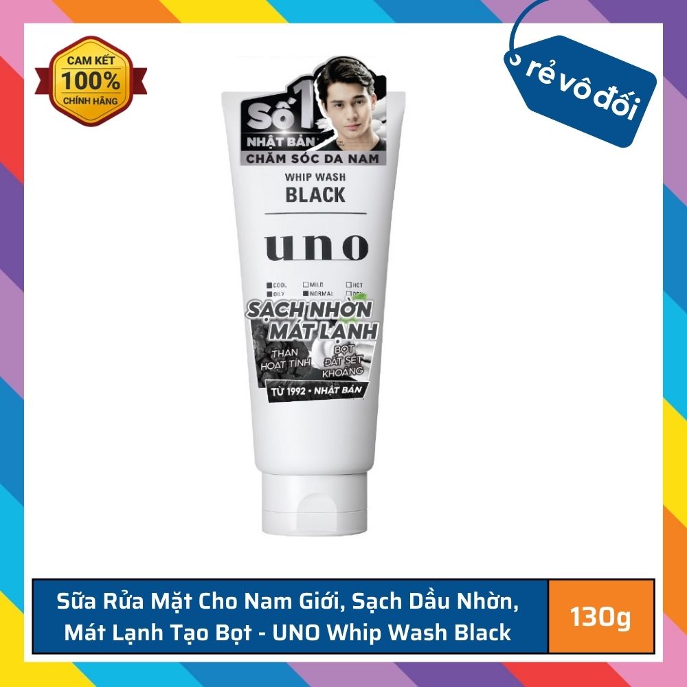 Sữa Rửa Mặt UNO Whip Wash Black Cho Nam Giới, Sạch Dầu Nhờn, Mát Lạnh Tạo Bọt  130g - Nhật Bản