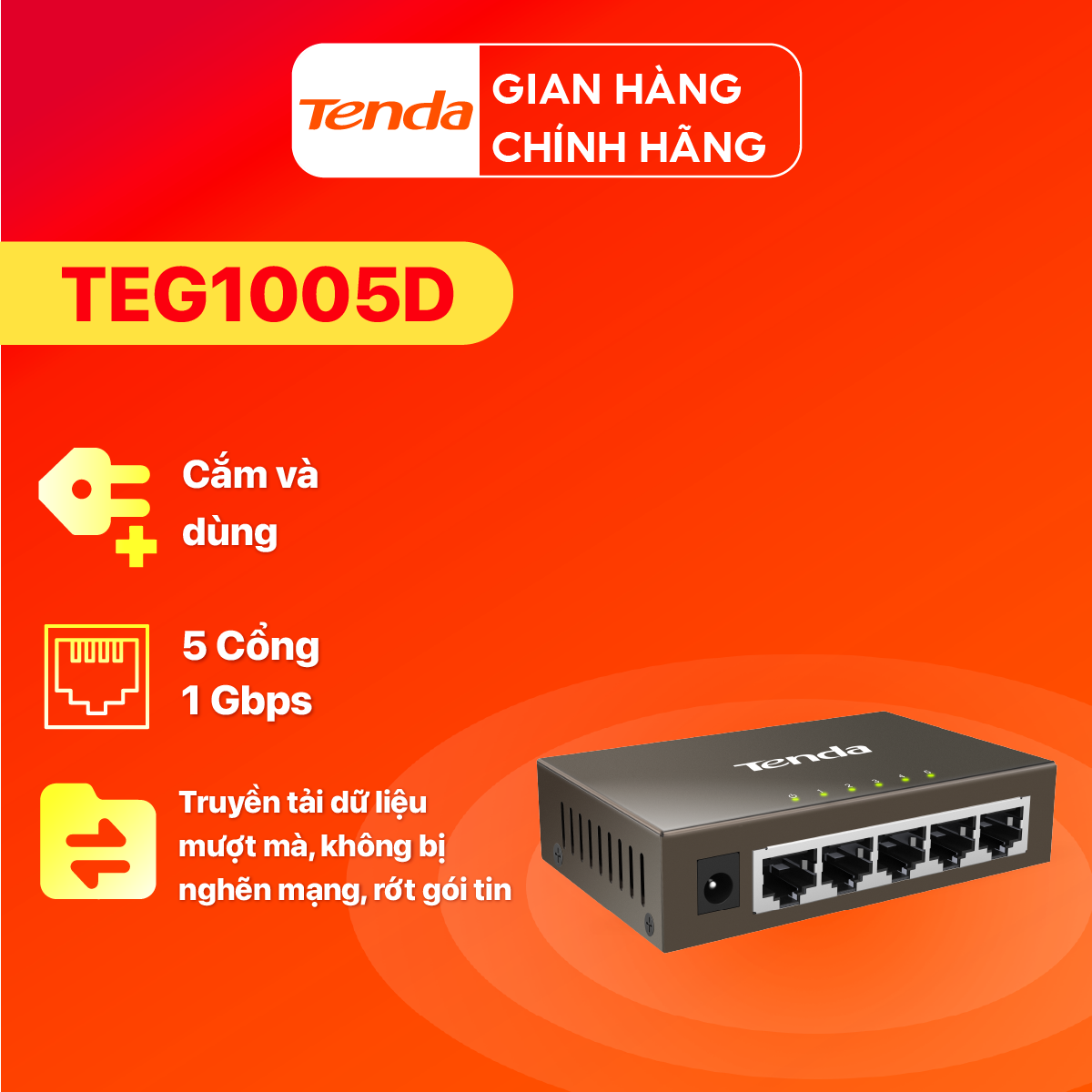 Bộ Chia Mạng Switch Để Bàn Tenda TEG1005D 5 Cổng 10/100/1000Mbps - Hàng Chính Hãng