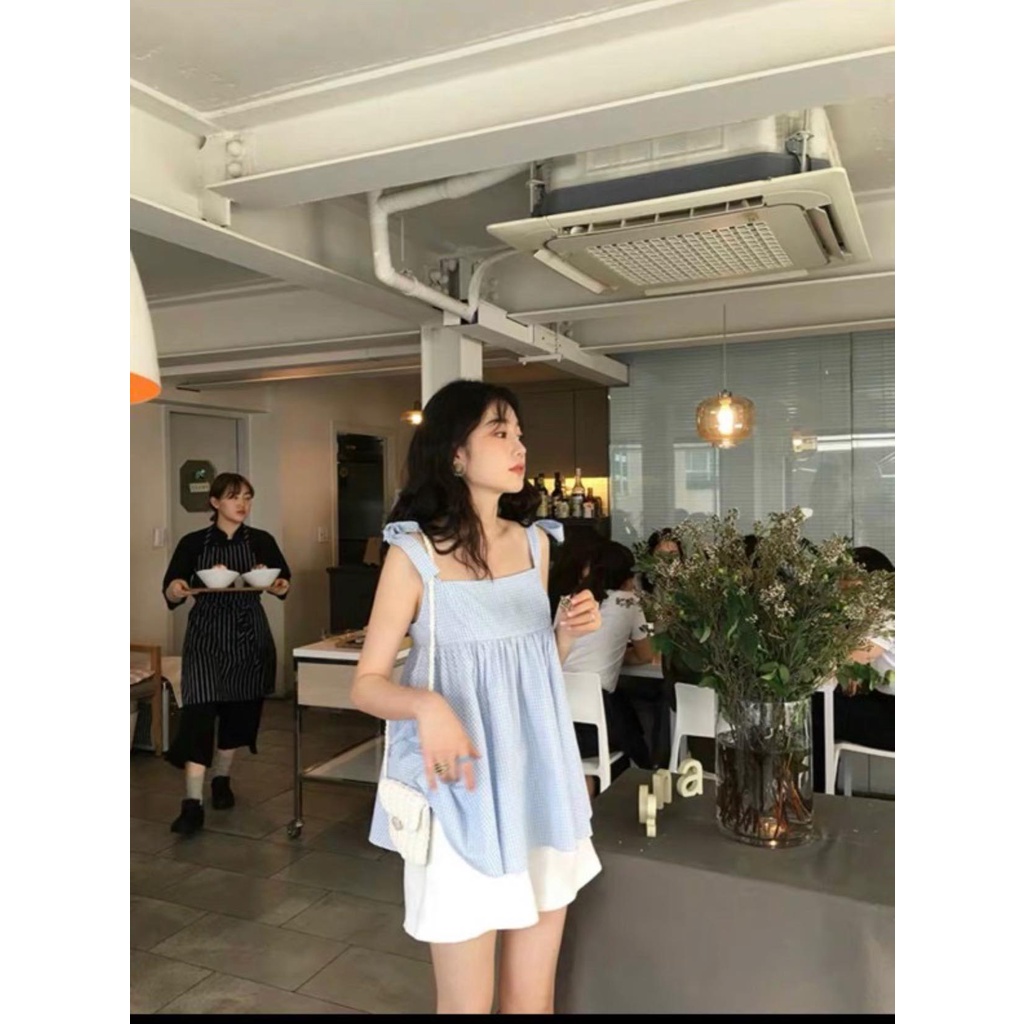 Set Áo Babydoll Buộc Nơ Vai Xanh Phối Cùng Quần Short Trắng