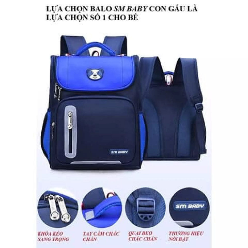 Ba lô SM Baby Gấu khóa phản quang cho bé Ba lô chống nước chống gù.