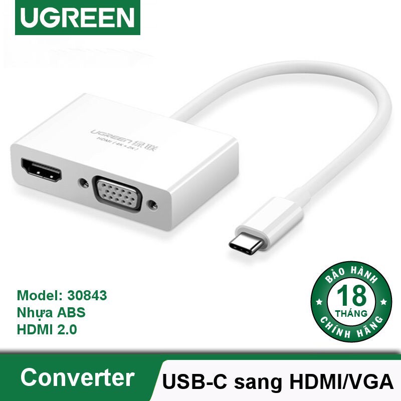 Cáp chuyển đổi USB type C to HDMI/VGA hỗ trợ full HD 3D 4Kx2K chính hãng Ugreen 30843