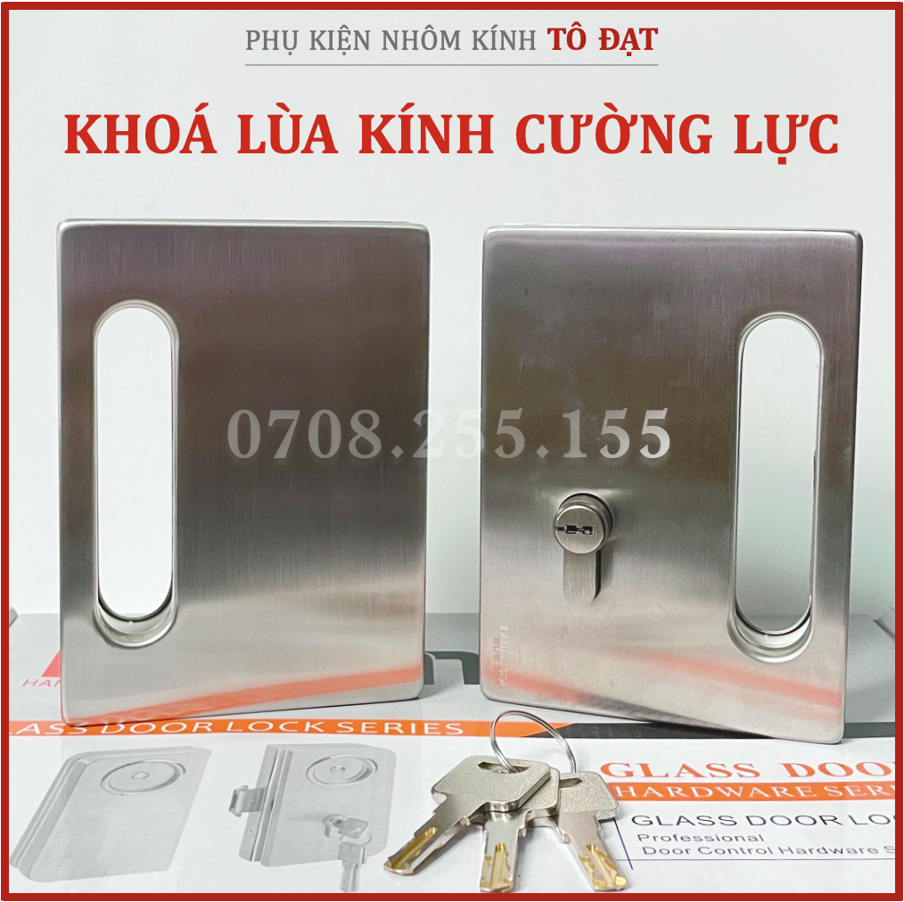 Khoá cửa kính lùa 2 cánh Inox 304 bản vuông tay âm liền HAMMERED chính hãng