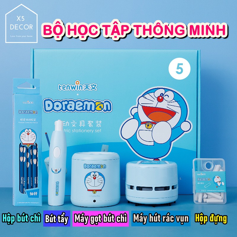 Bộ dụng cụ học tập tự động doraemon an toàn - máy gọt bút chì tự động, máy tẩy chì, máy hút rác vụn - bh 12 tháng