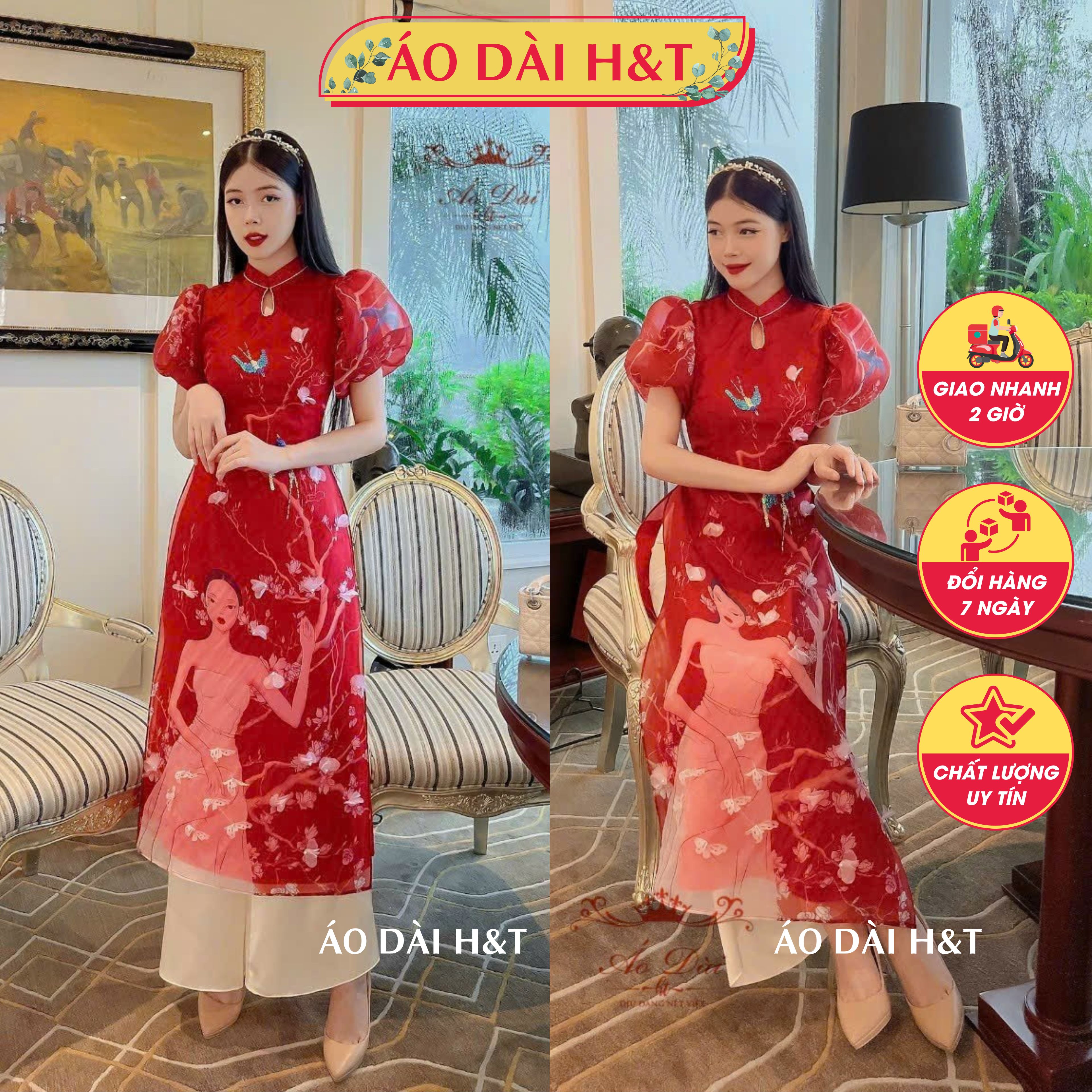 Áo dài cách tân nữ chất tơ organza thiết kế tay phồng, họa tiết đính kết nổi cao cấp
