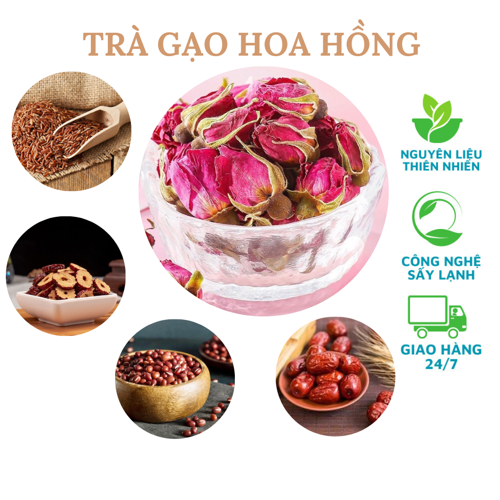 Trà gạo lứt hoa hồng ( gạo lứt, táo thái lát, đậu đỏ, nụ hồng, táo đỏ )