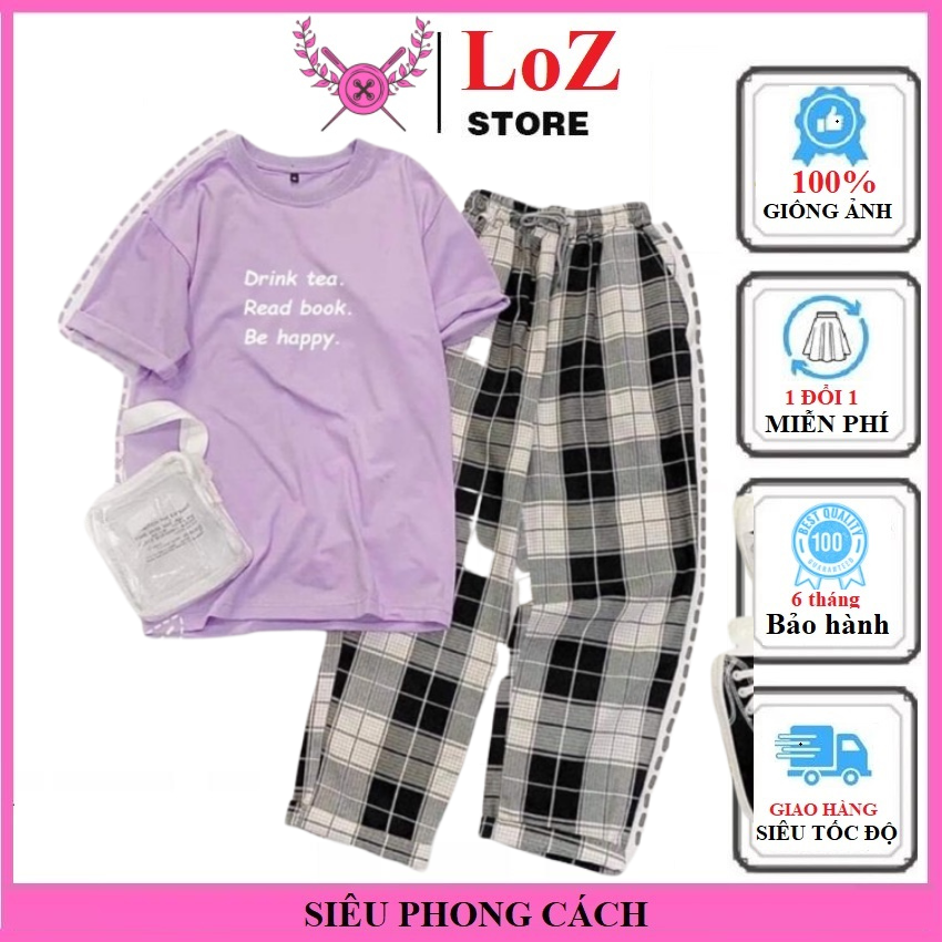 [ SIÊU PHONG CÁCH ] Sét Bộ Nam Nữ  SS06 .LOZITAR .{ HÀNG ĐẸP } Mặc Đi Học, Đi Chơi Chất Liệu Thun Cotton In Họa Tiết Dễ Thương Và Quần Ống Rộng Kẻ Phong Cách