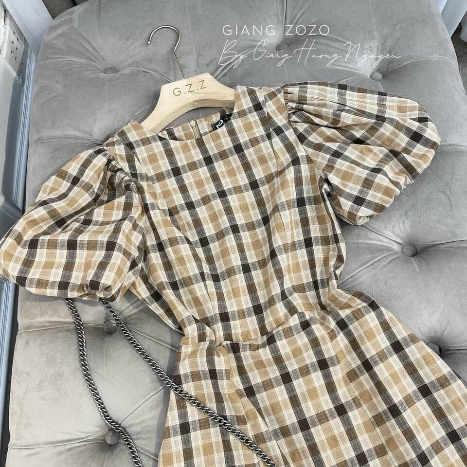 [ Voucher 50k Freeship Max 0 đồng toàn quốc ]ĐẦM CARO VÀNG TAY BÚP CỔ TRÒN THIẾT KẾ PHỐI MÀU CỰC ĐẸP MTB