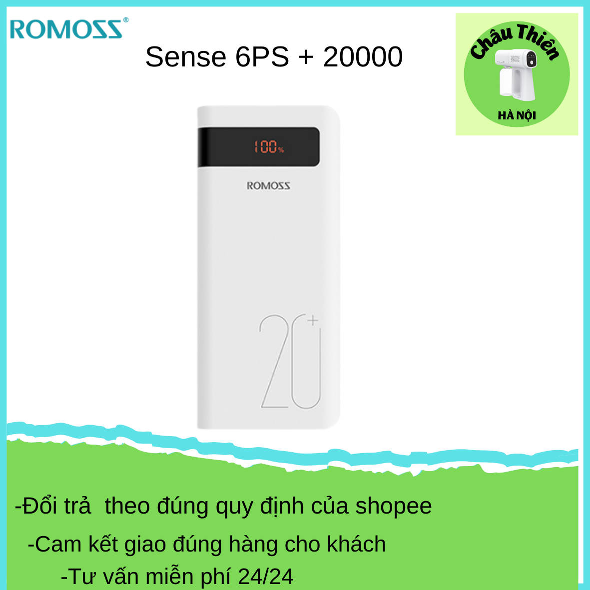 Pin dự phòng 20000 mAh, sạc dự phòng 6P+ thương hiệu Romoss màn hình LED, hỗ trợ sạc nhanh