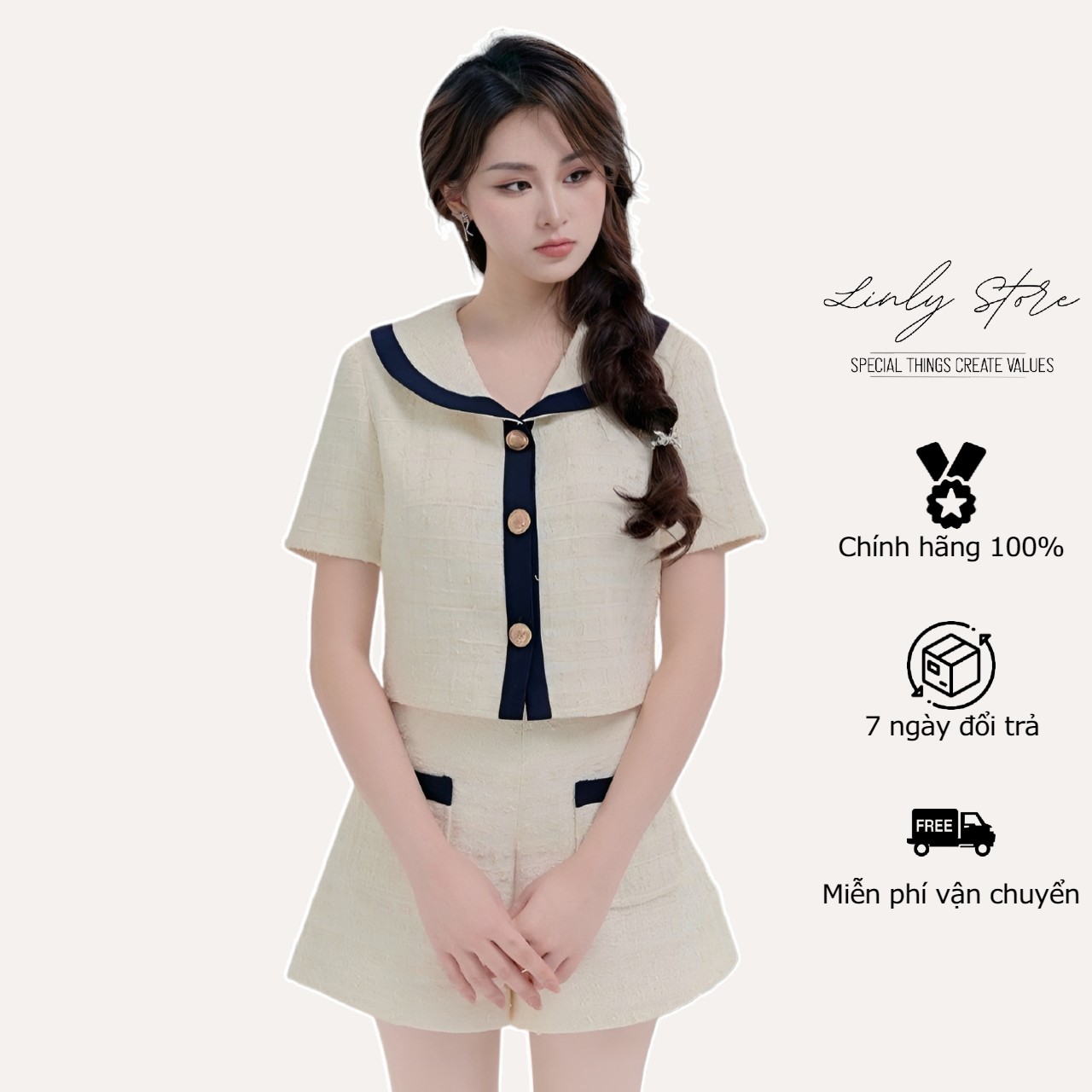 Set áo vest phối cổ vạt thuỷ thủ chất dạ tweed, quần short Linly Store