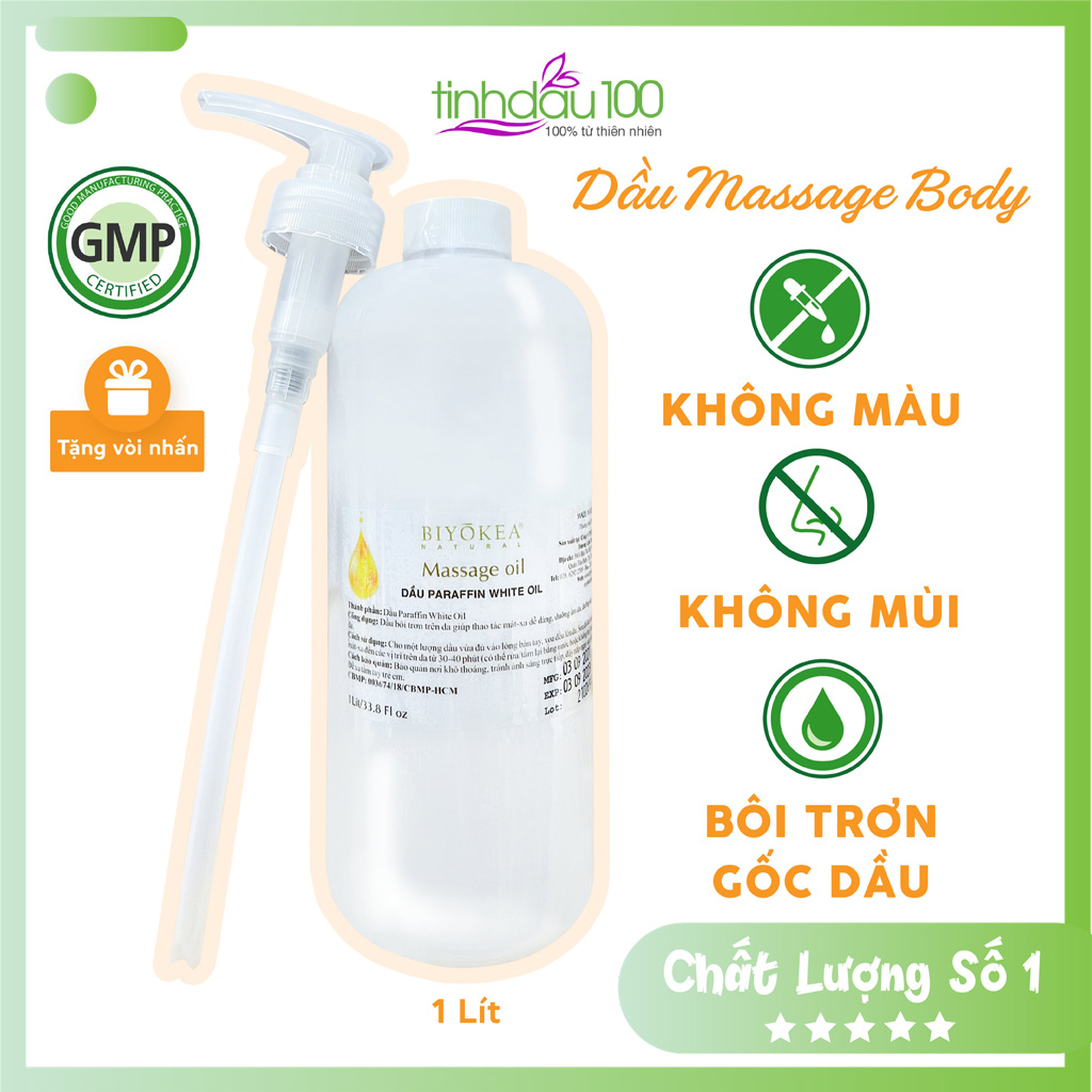 Dầu massage body Biyokea bôi trơn không mùi, không màu chuyên cho Spa chai 1 lít. Dầu matxa toàn thân, Yoni cho Nam, Nữ Tinh Dầu 100 Store