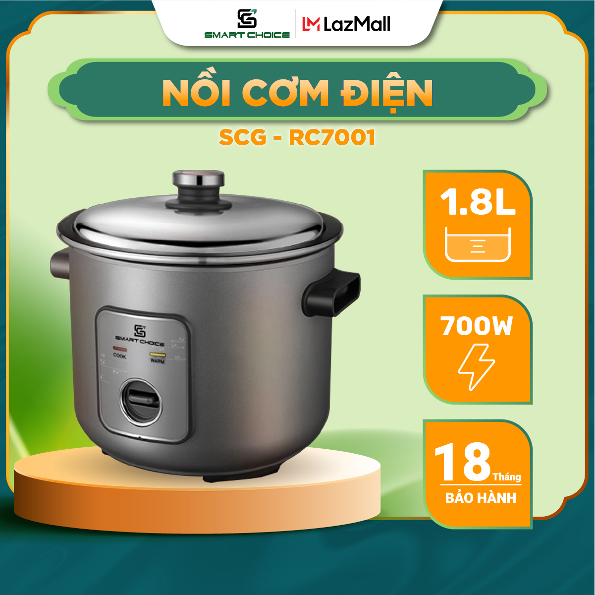 Nồi cơm điện cơ smartchoice scg-rc7001, nồi cơm điện nắp rời dung tích 1.8l công suất 700w phù hợp với mọi gia đình