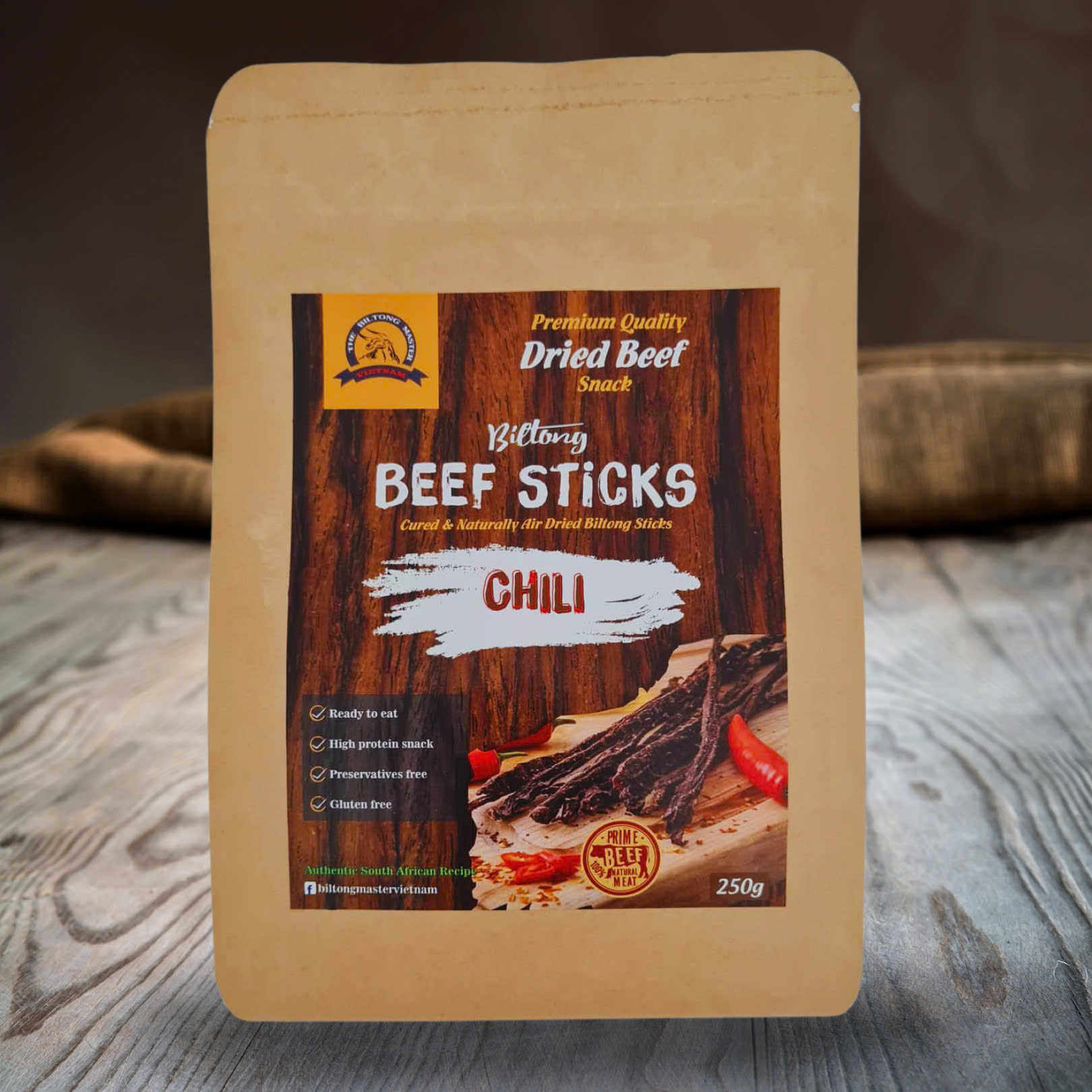 Bò Khô Biltong Que Healthy - Tỏi Thơm The Cay / South African Chili beef Sticks