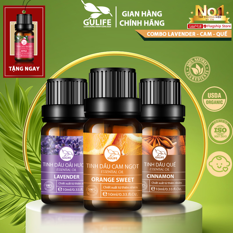 Combo 3 Chai Tinh Dầu Nguyên Chất Lavender, Cam, Quế, GULIFE 10ml - Chiết Xuất 100% Từ Thiên Nhiên - Tặng Tinh Dầu Táo 10ml - Nhiều Công Dụng Tốt Cho Sức Khỏe