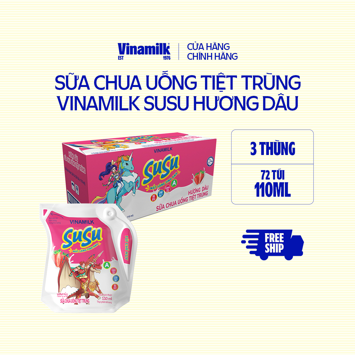 3 Thùng Sữa chua uống tiệt trùng hương Dâu Vinamilk Susu Túi 110ml 24 Túi/Thùng